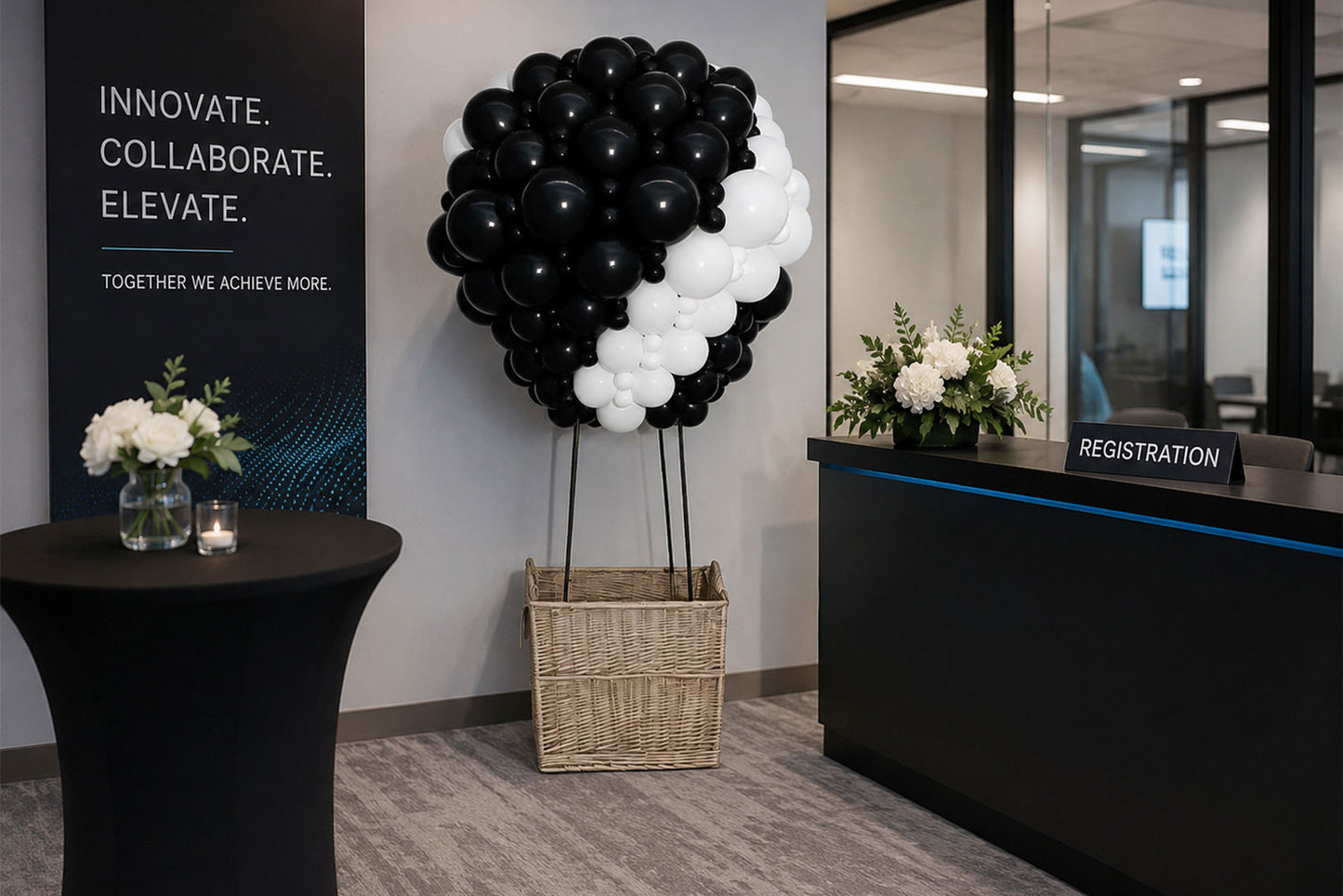 Hot air balloon balloon sculpture for event hire in Auckland, creating a colourful focal point for celebrations and corporate events.