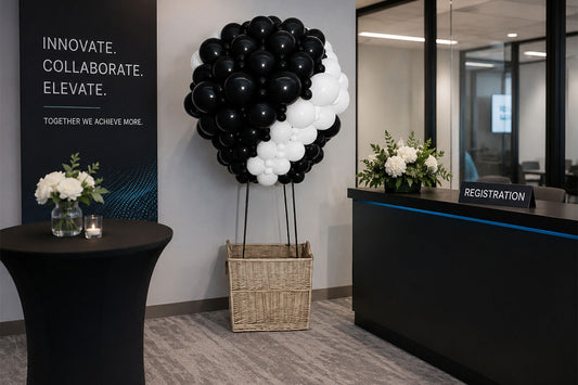 Hot air balloon balloon sculpture for event hire in Auckland, creating a colourful focal point for celebrations and corporate events.
