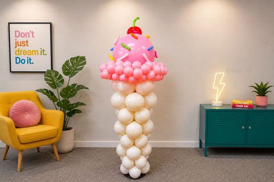 Ice cream balloon sculpture for event hire in Auckland, perfect for birthdays, summer parties, corporate events, and themed celebrations.