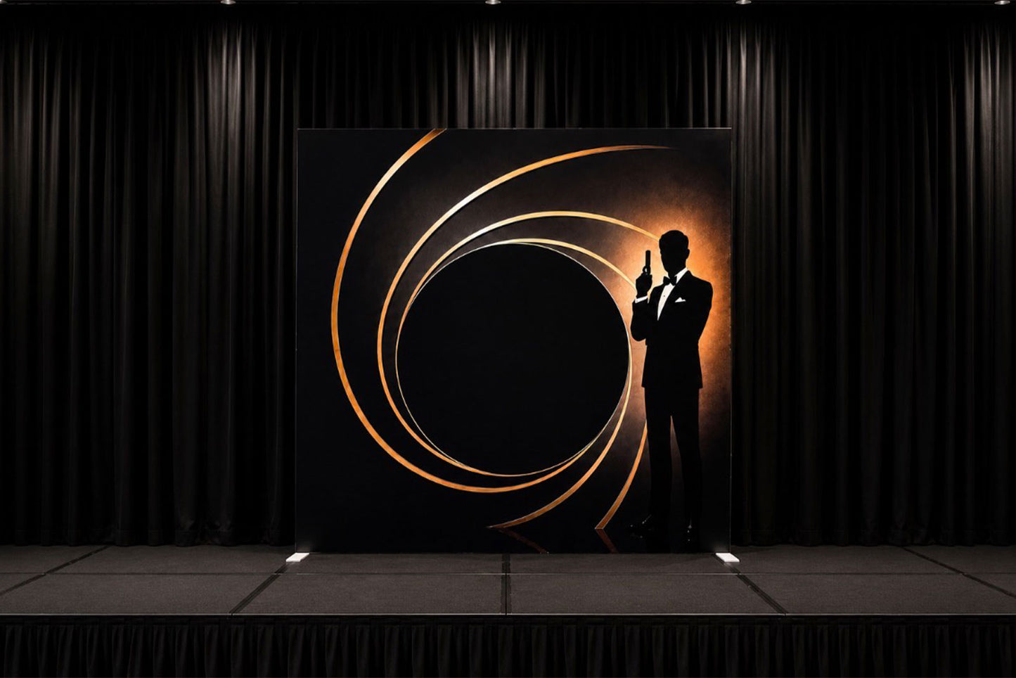 Gold James Bond 007 light up event backdrop for corporate functions, parties and themed events in Auckland