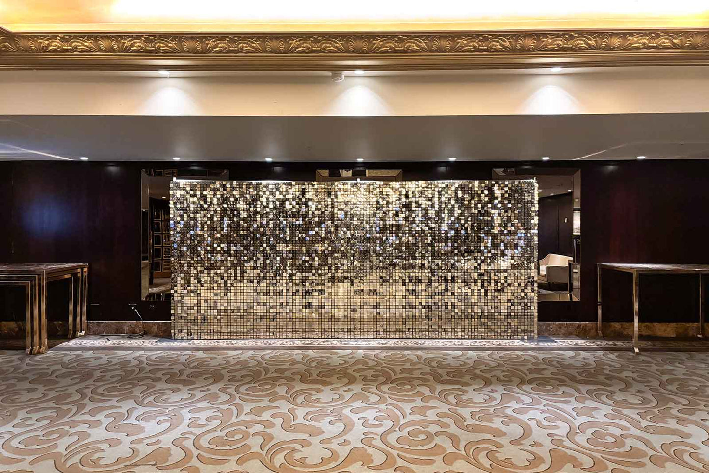 Large white gold shimmer wall backdrop for corporate or private events in Auckland