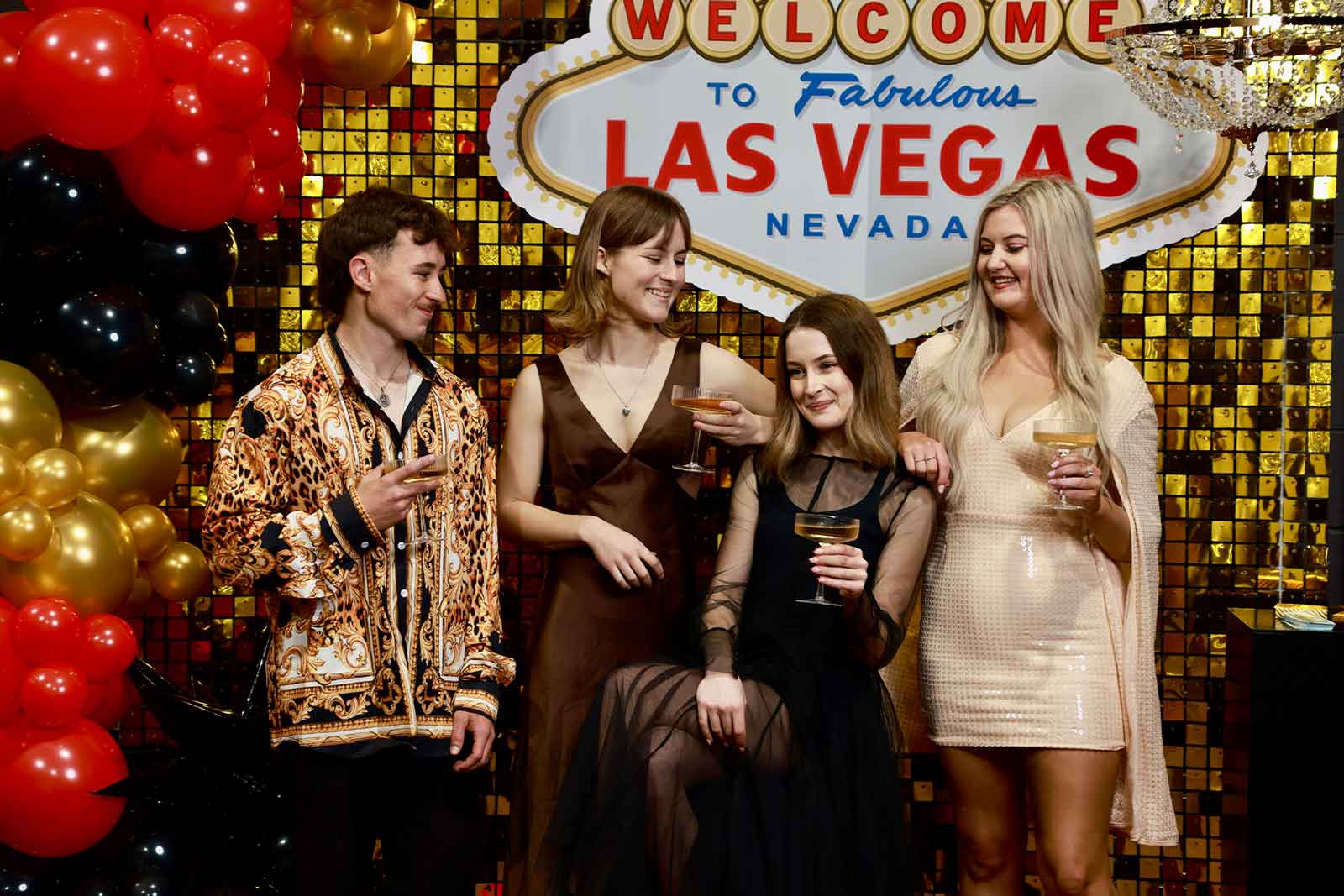 Las Vegas casino night backdrop featuring glamorous event styling, themed props and balloon décor for corporate functions and private events in Auckland, NZ.