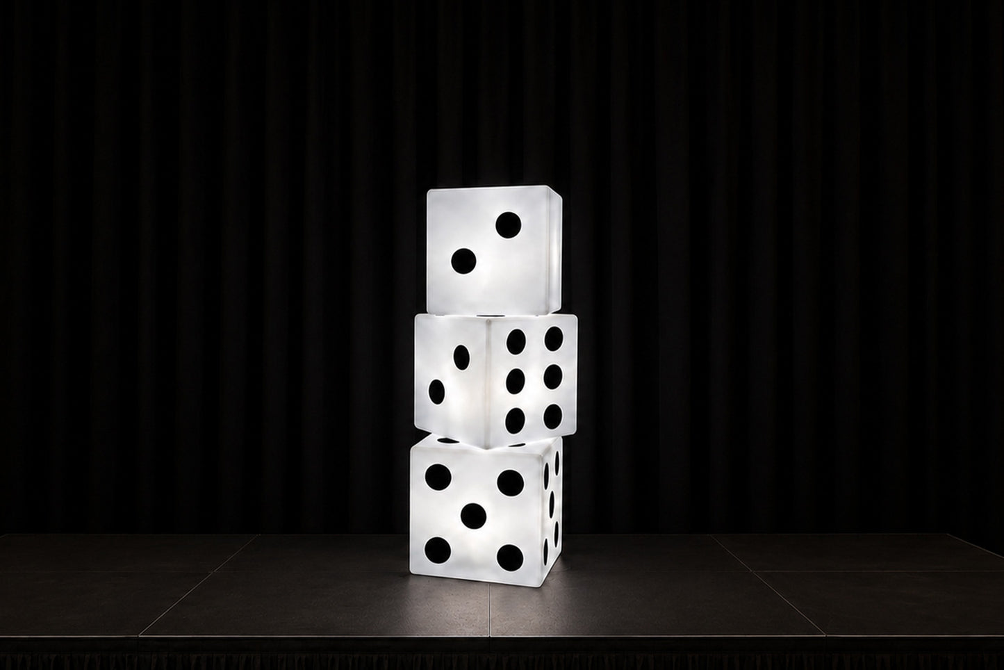 LED light-up dice prop for event hire, creating a modern illuminated feature for corporate events, birthdays, casino nights, themed parties, weddings, and special occasions across New Zealand.