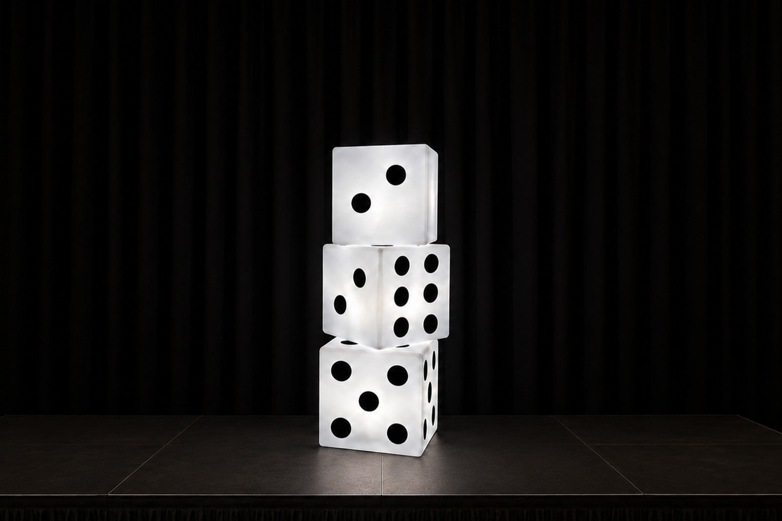 LED light-up dice prop for event hire, creating a modern illuminated feature for corporate events, birthdays, casino nights, themed parties, weddings, and special occasions across New Zealand.