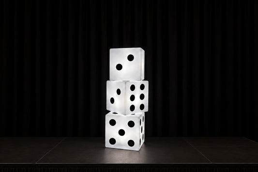 LED light-up dice prop for event hire, creating a modern illuminated feature for corporate events, birthdays, casino nights, themed parties, weddings, and special occasions across New Zealand.