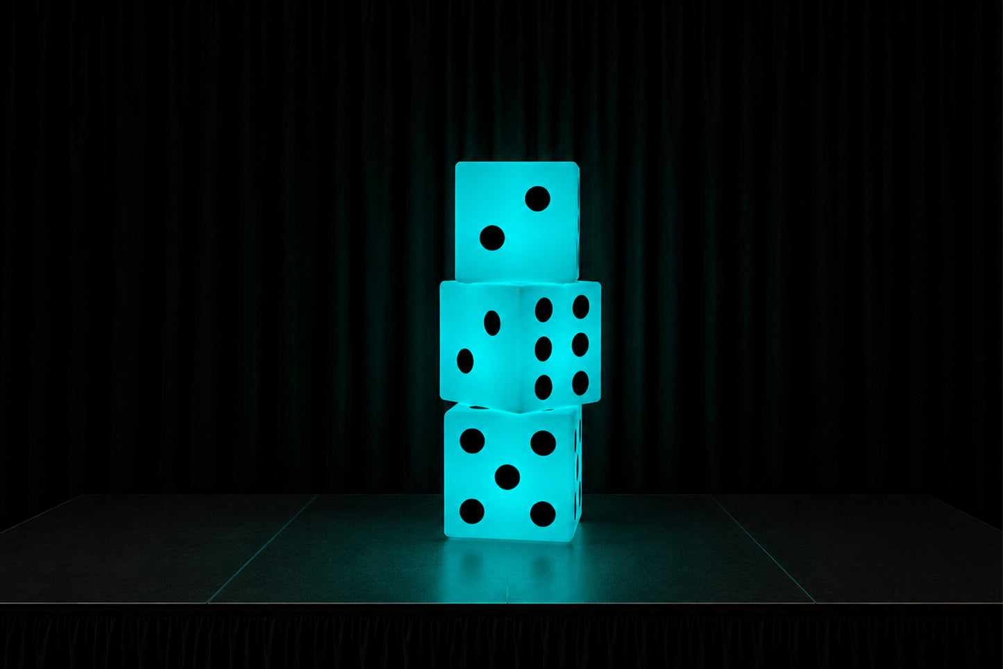 Illuminated LED light-up dice tower for event hire, adding a bold statement piece to casino-themed parties, corporate events, gala dinners, birthdays, and celebrations throughout New Zealand.