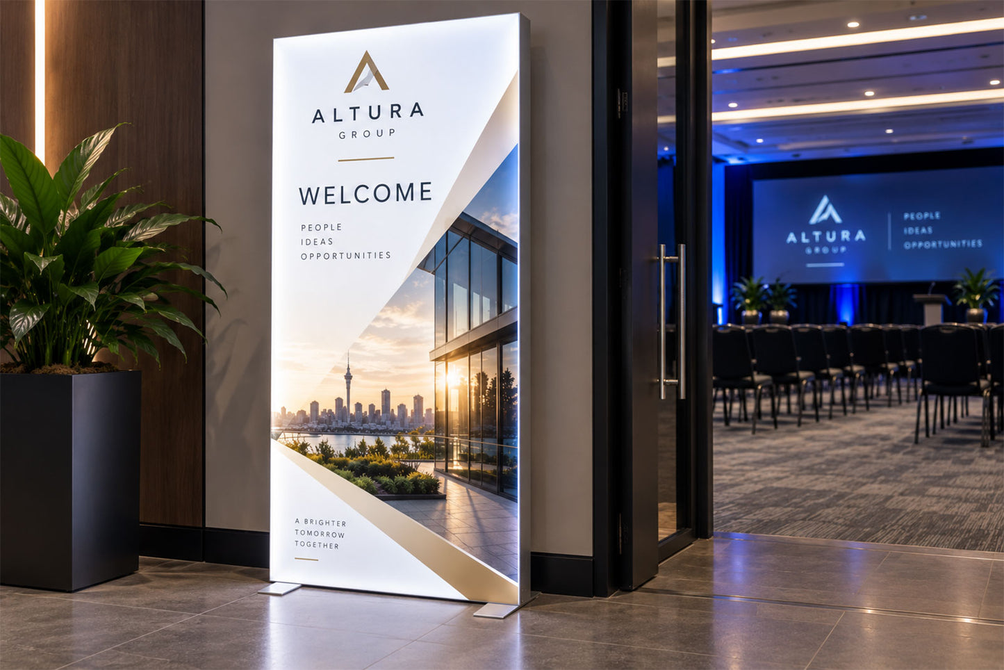 Lightbox SEG media wall with illuminated custom printed backdrop for corporate events