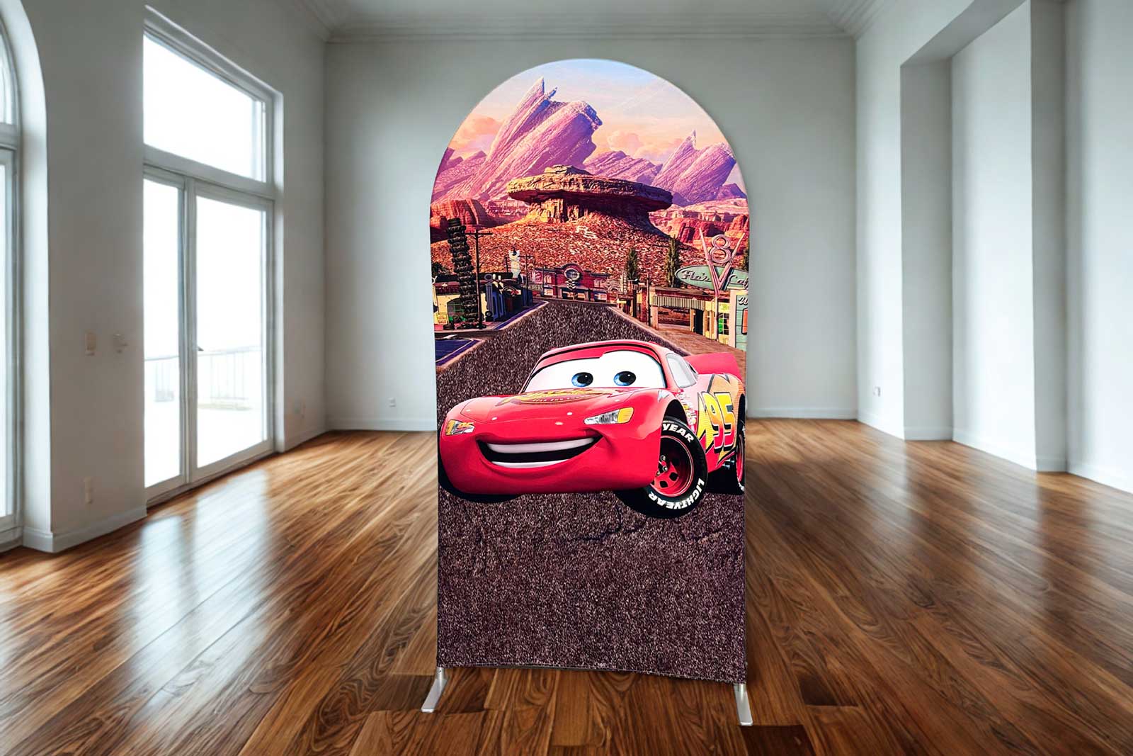 Lightning McQueen-themed backdrop for kids' birthday party