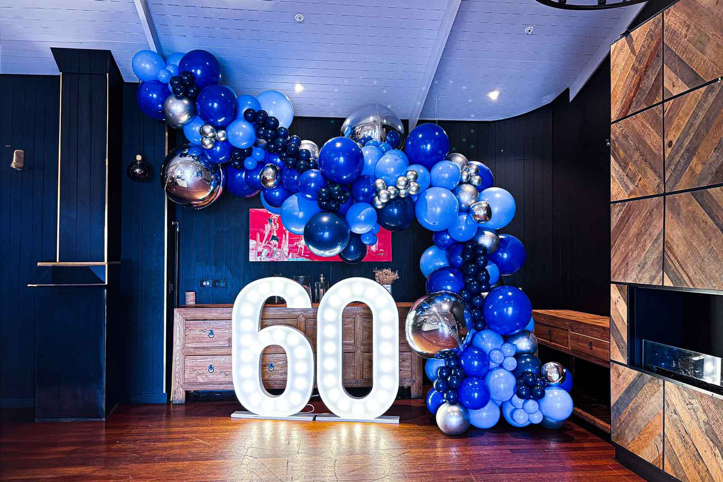 60 marquee lights with vibrant balloon garland for birthday or celebration décor