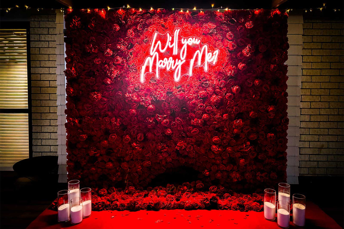 Marry Me proposal package setup with romantic backdrop, balloons and decor for hire in Auckland