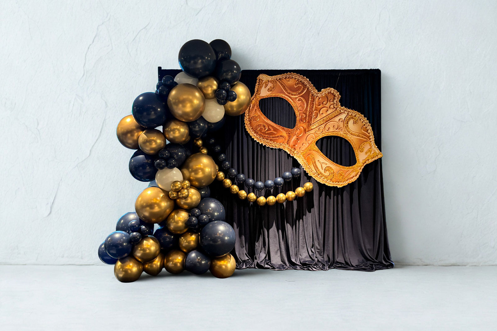 Masquerade ball backdrop package featuring elegant themed styling, masks and luxury event décor for parties, weddings and formal events in Auckland