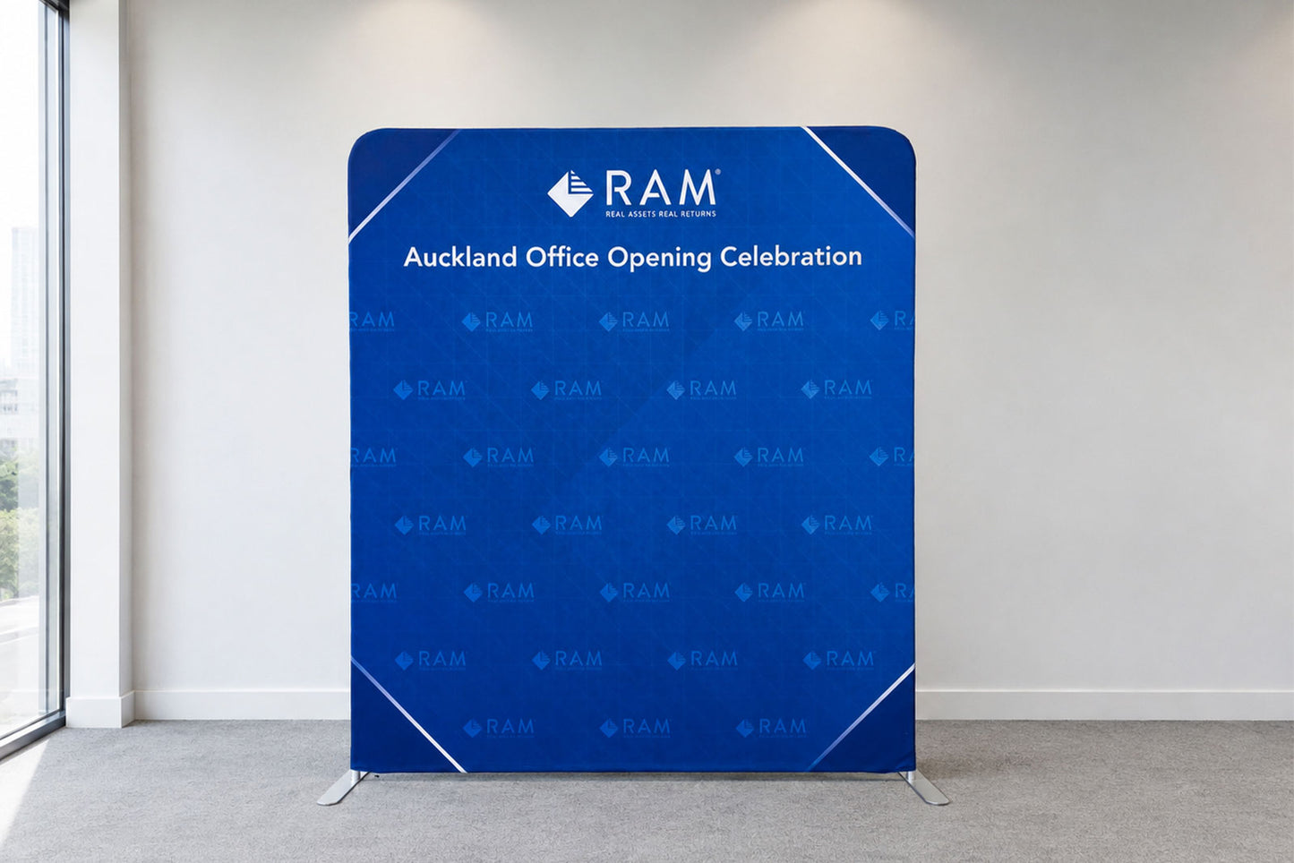 Stretch tension media wall backdrop with seamless printed fabric, ideal for corporate events, exhibitions, trade shows, conferences, and branded displays in Auckland.