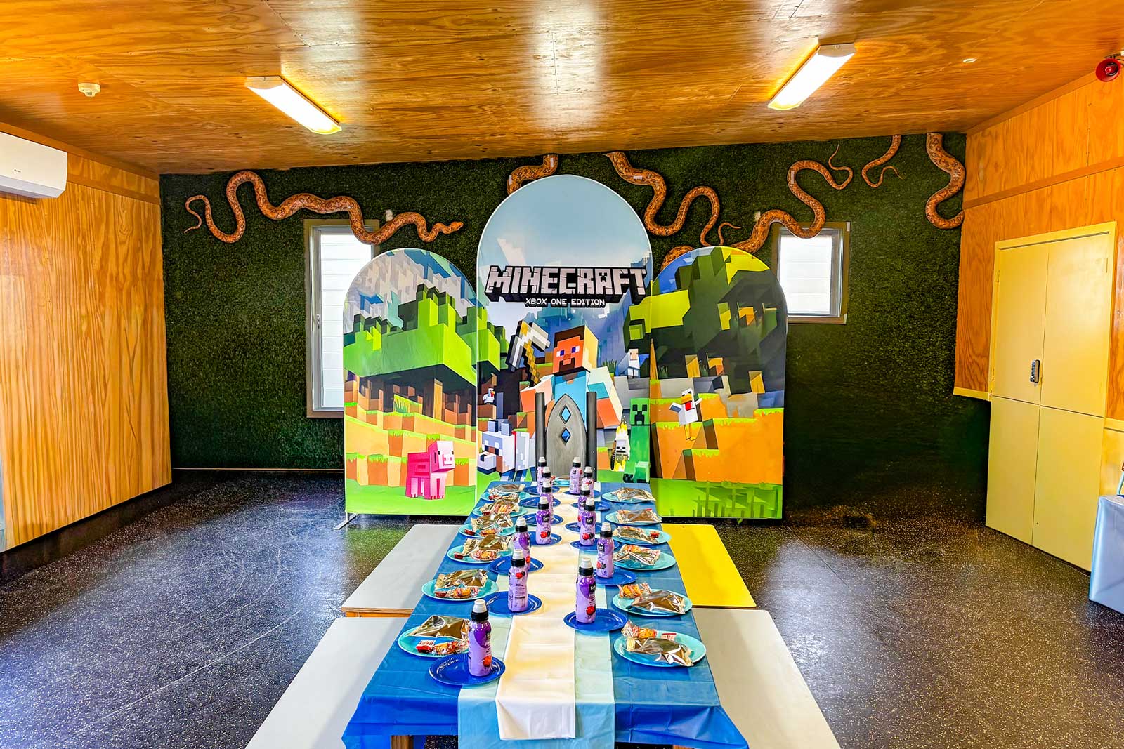 Block-style Minecraft party backdrop for gaming events