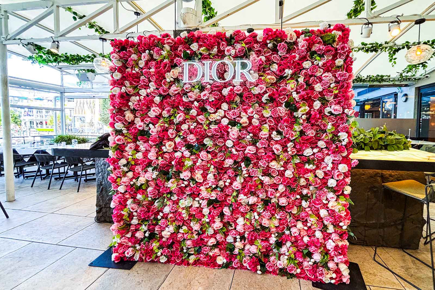 Miss Zoe flower wall backdrop for corporate events, brand activations and business functions in Auckland NZ
