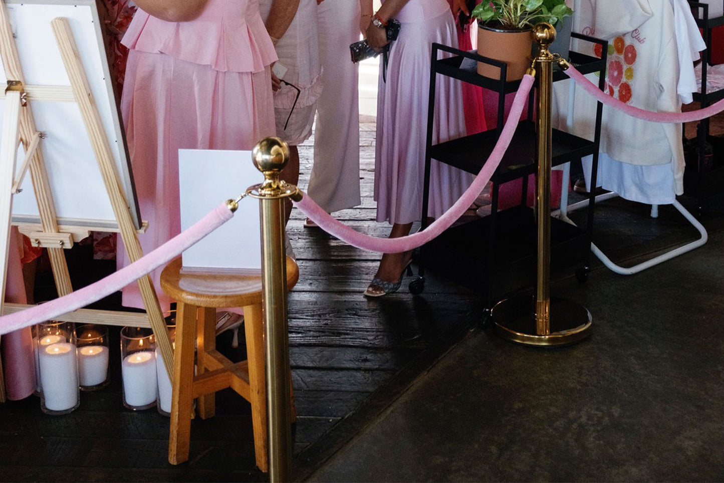 Pink bollard ropes creating a stylish VIP entrance for weddings, parties, and corporate events