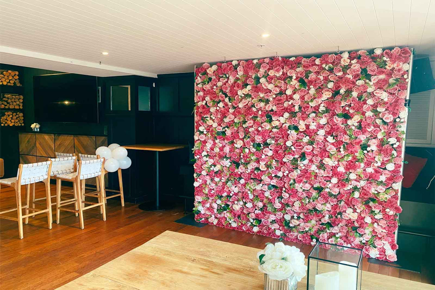 Pink and white flower wall hire for indoor events