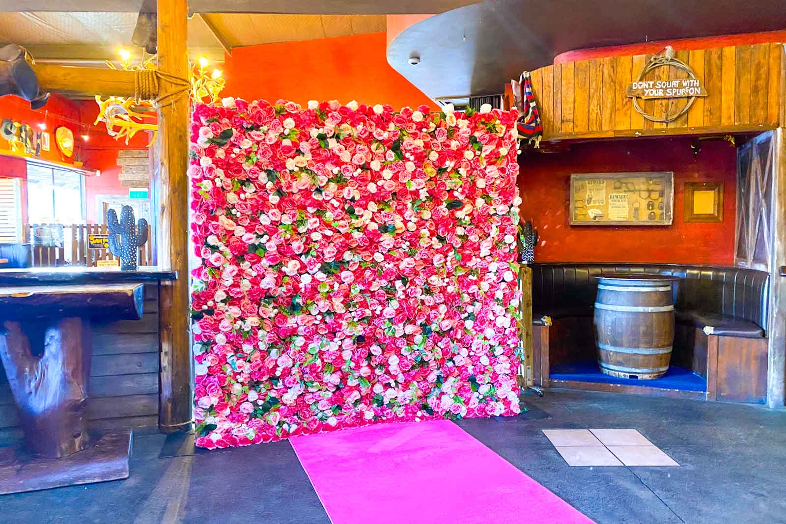 Pink and white flower wall hire for elegant party décor