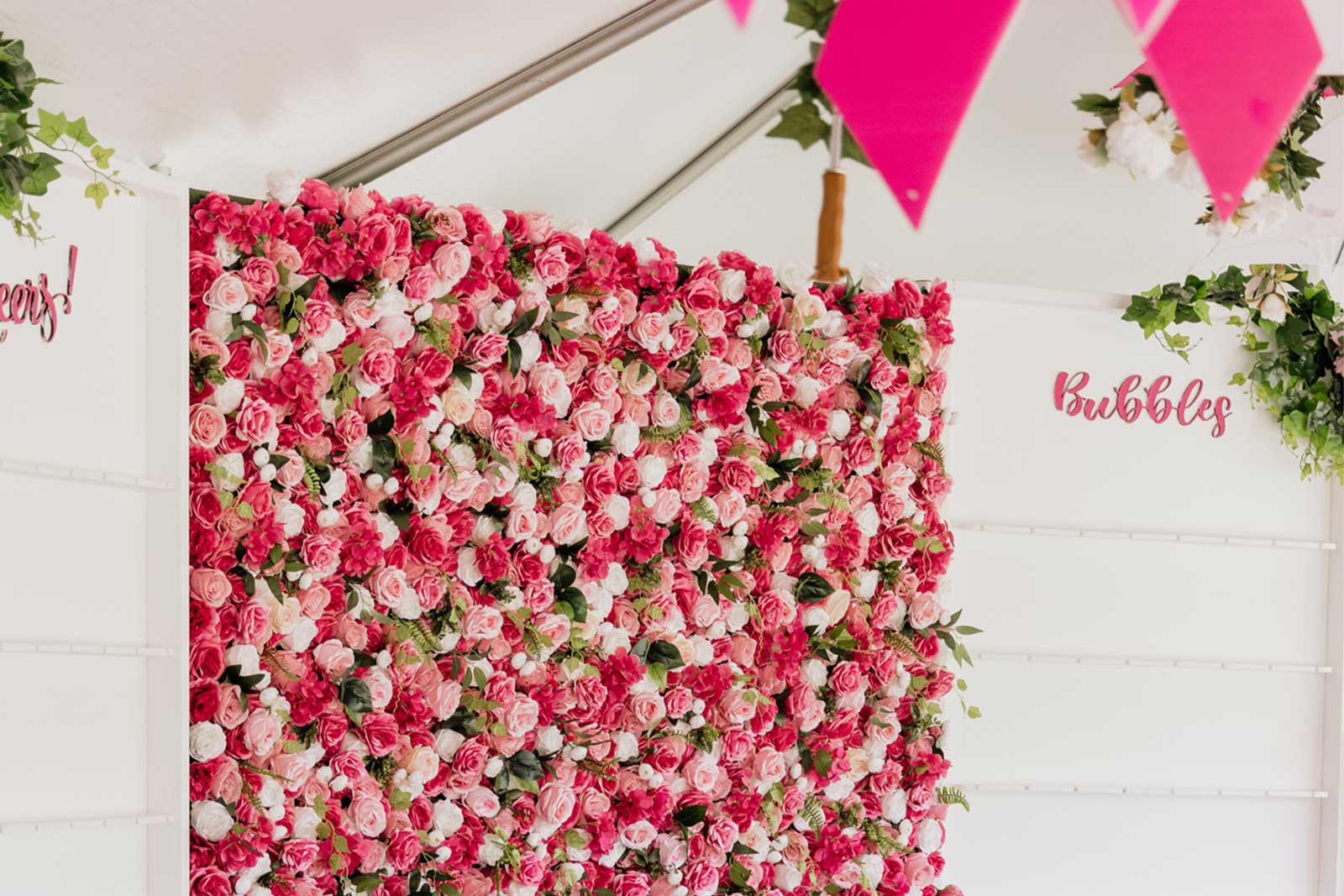 Pink and white flower wall backdrop for birthday parties and celebrations