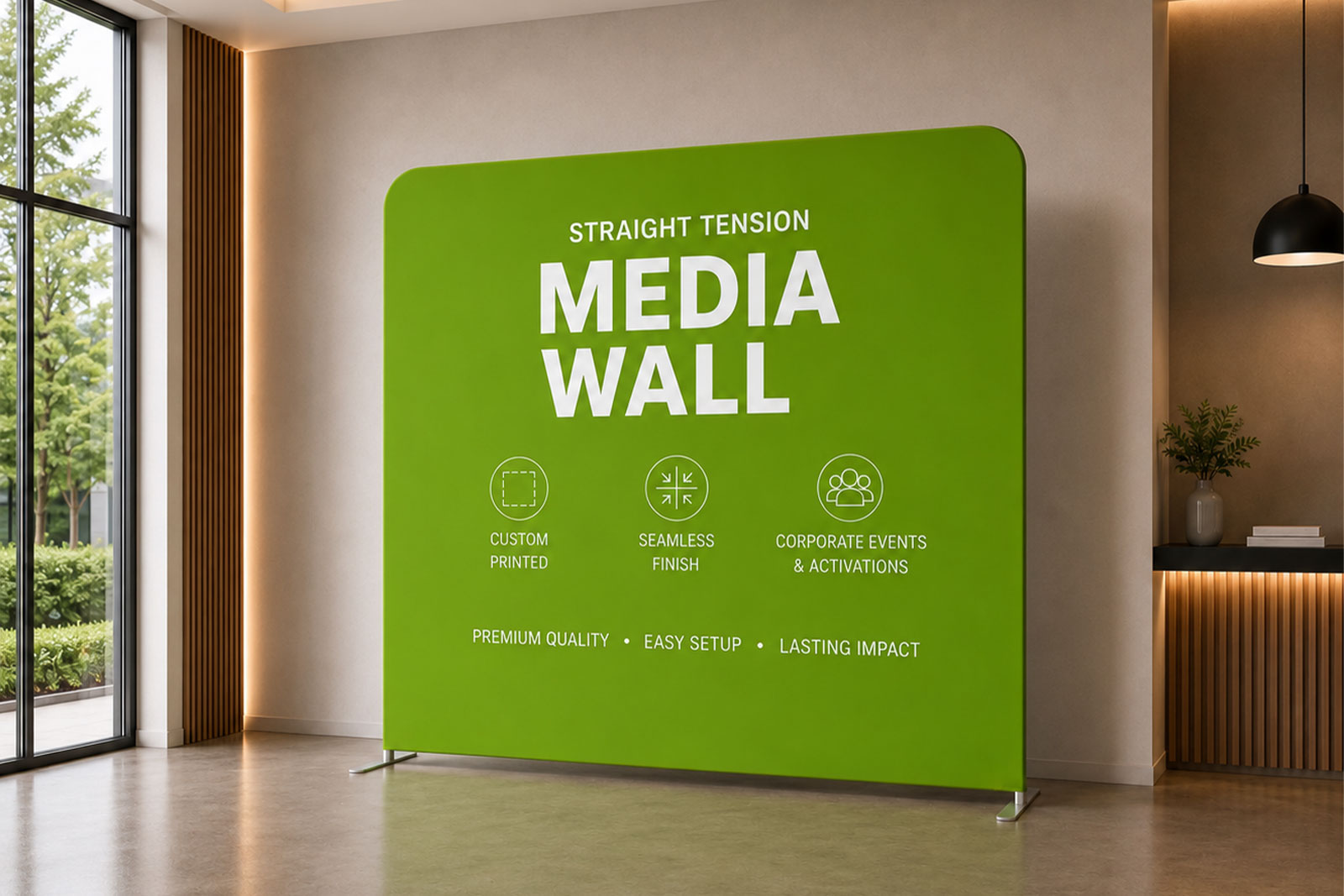 Portable straight tension fabric media wall with wrinkle-free stretch fabric for professional event branding