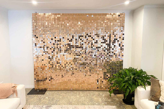 Rose gold shimmer wall backdrop for corporate events, 21st launches, and professional photo areas