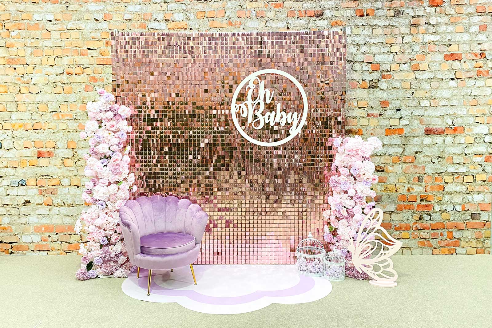 Rose pink shimmer wall hire for stylish baby shower décor and photo moments