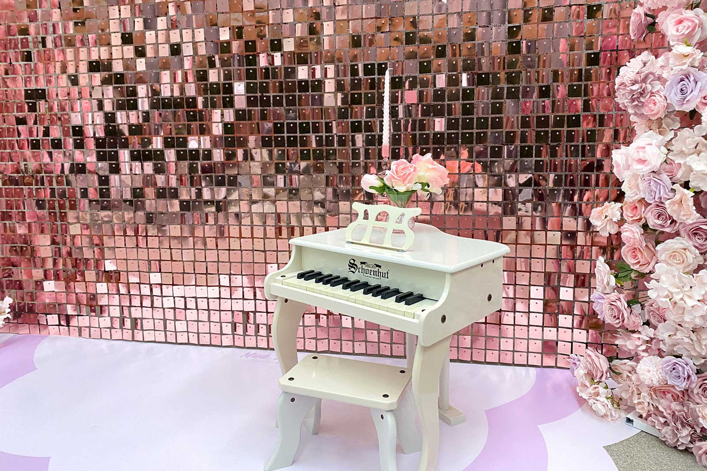 Rose pink shimmer wall hire for celebrations, anniversaries, and milestone events