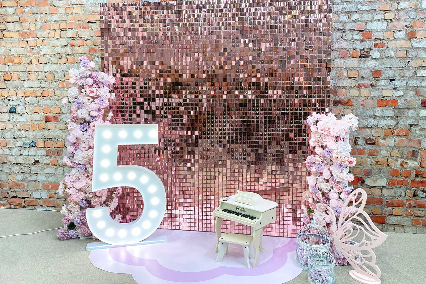 Rose pink shimmer wall hire for weddings, engagements, and parties