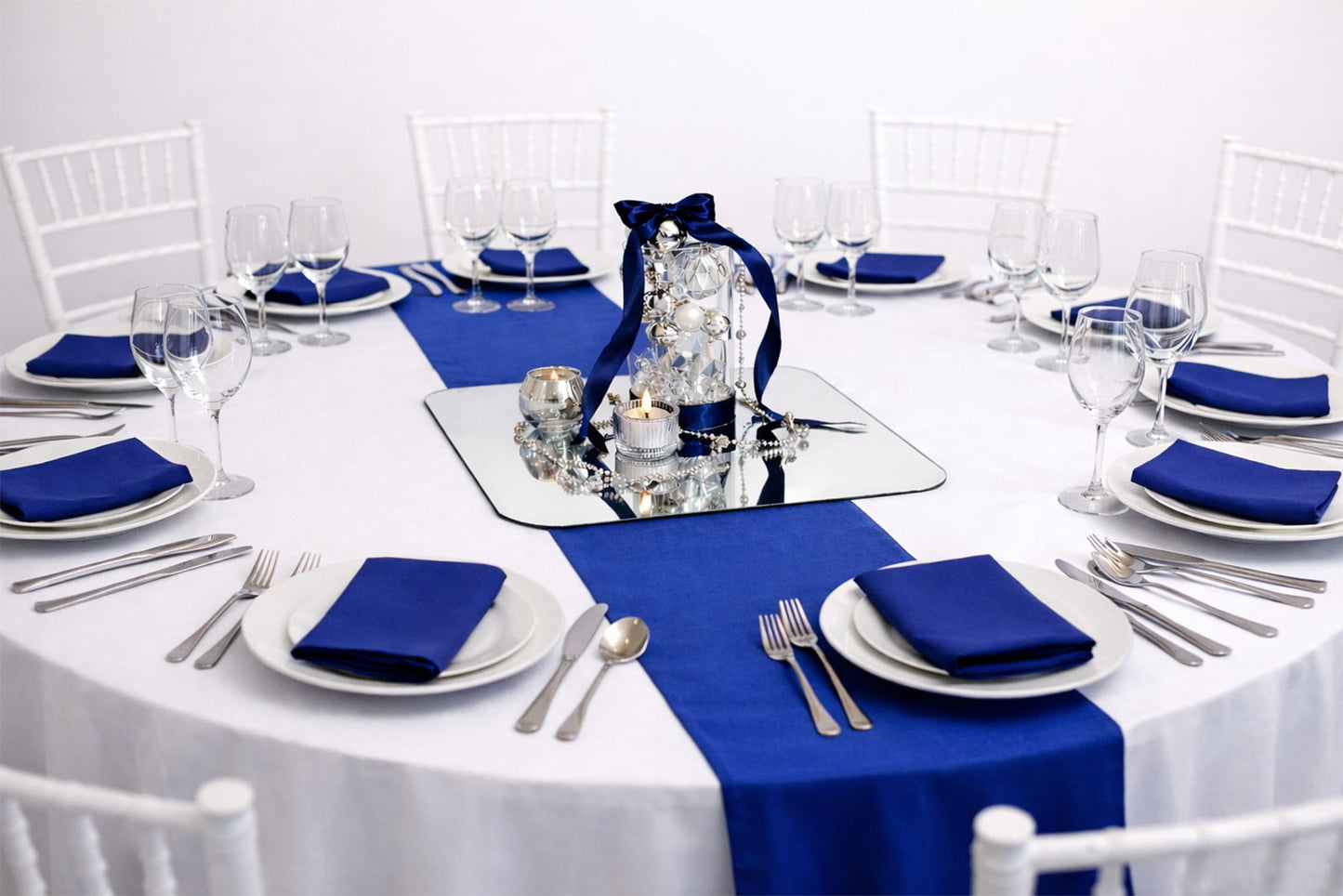 Sophisticated silver and blue luxury centrepiece, perfect for elegant gala or event tables