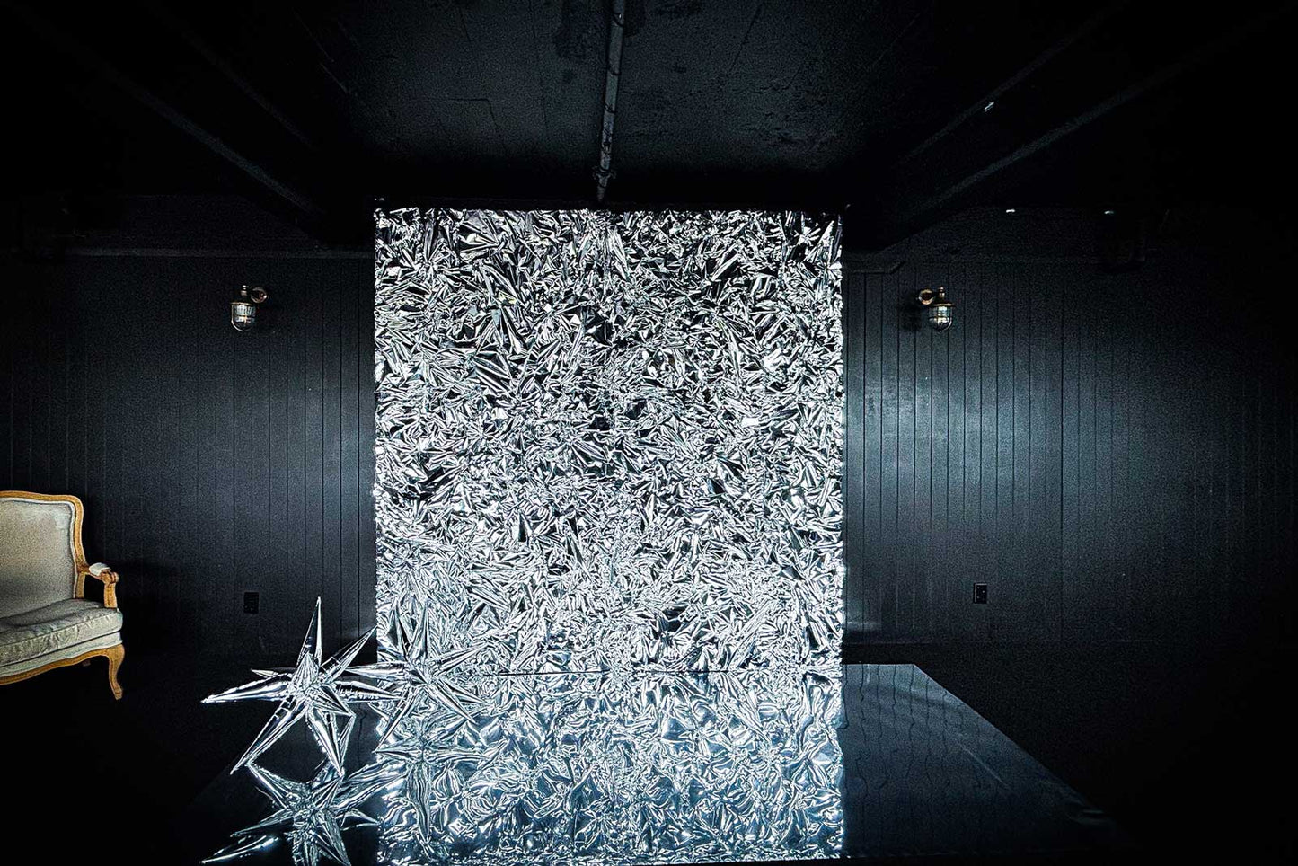 Shiny silver crinkle foil wall backdrop for birthdays and milestone celebrations