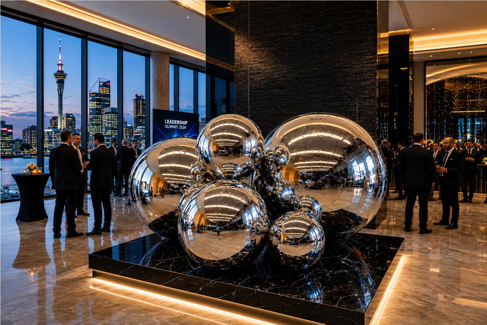Large silver inflatable ball creating a modern event display for weddings, parties and corporate functions.