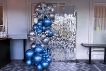 Load image into Gallery viewer, Silver shimmer wall backdrop with balloon styling and Happy Birthday neon sign
