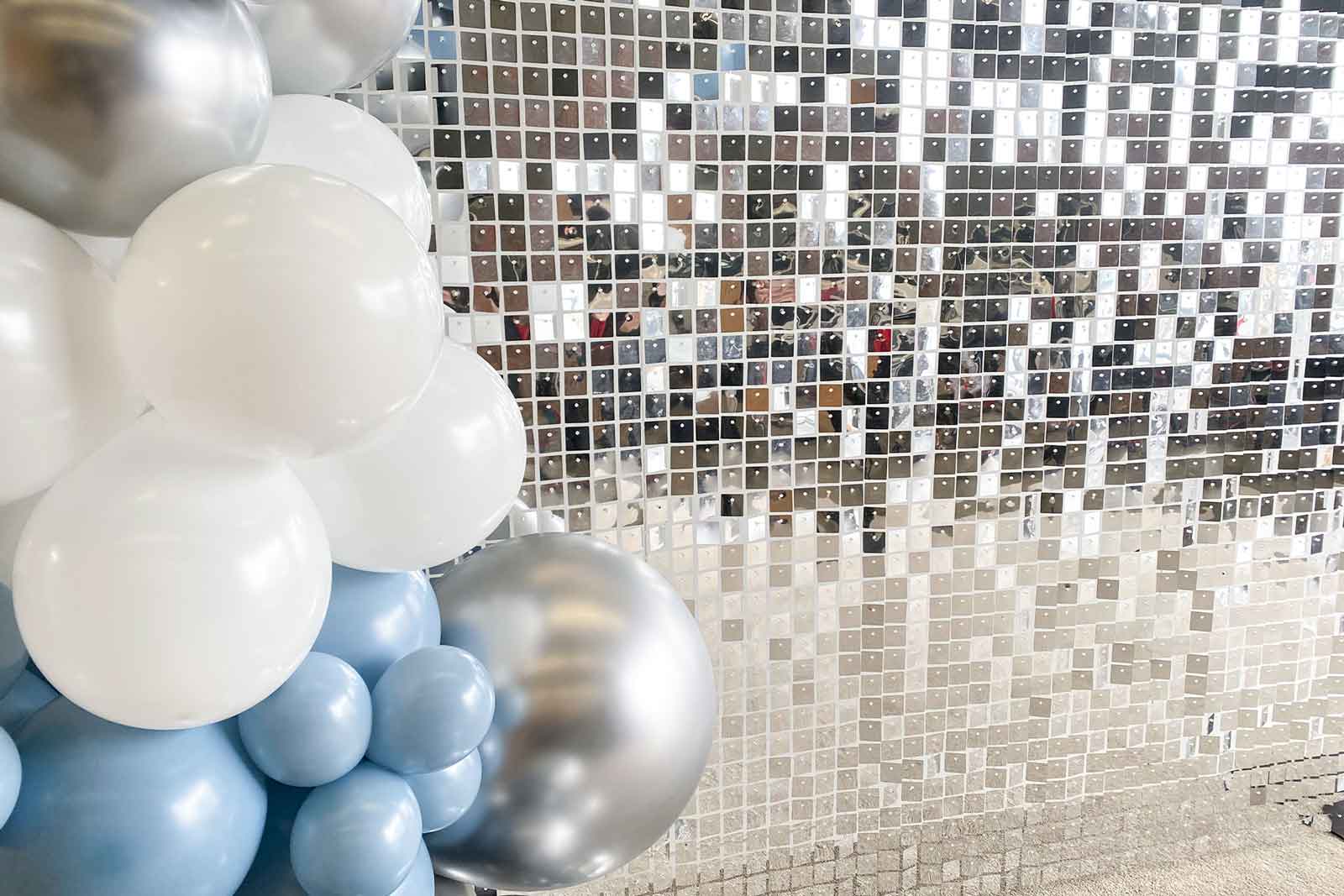 Silver shimmer wall backdrop for professional launches, seminars, and workshops