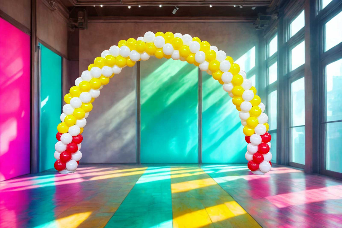 Spiral balloon arch for hire, creating a vibrant and fun photo area for parties and events