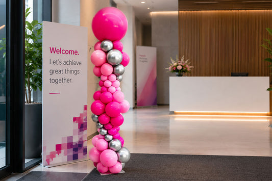 Spiral balloon column for event hire in Auckland, ideal for corporate events, birthdays, grand openings, and celebrations