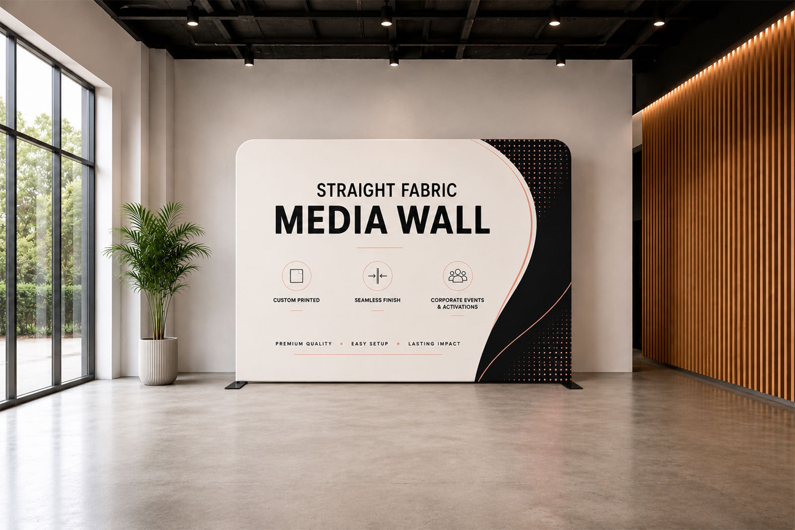 Straight fabric media wall backdrop with wrinkle-resistant tension fabric, ideal for corporate events, conferences, exhibitions, media launches and branded photo opportunities in Auckland, NZ.