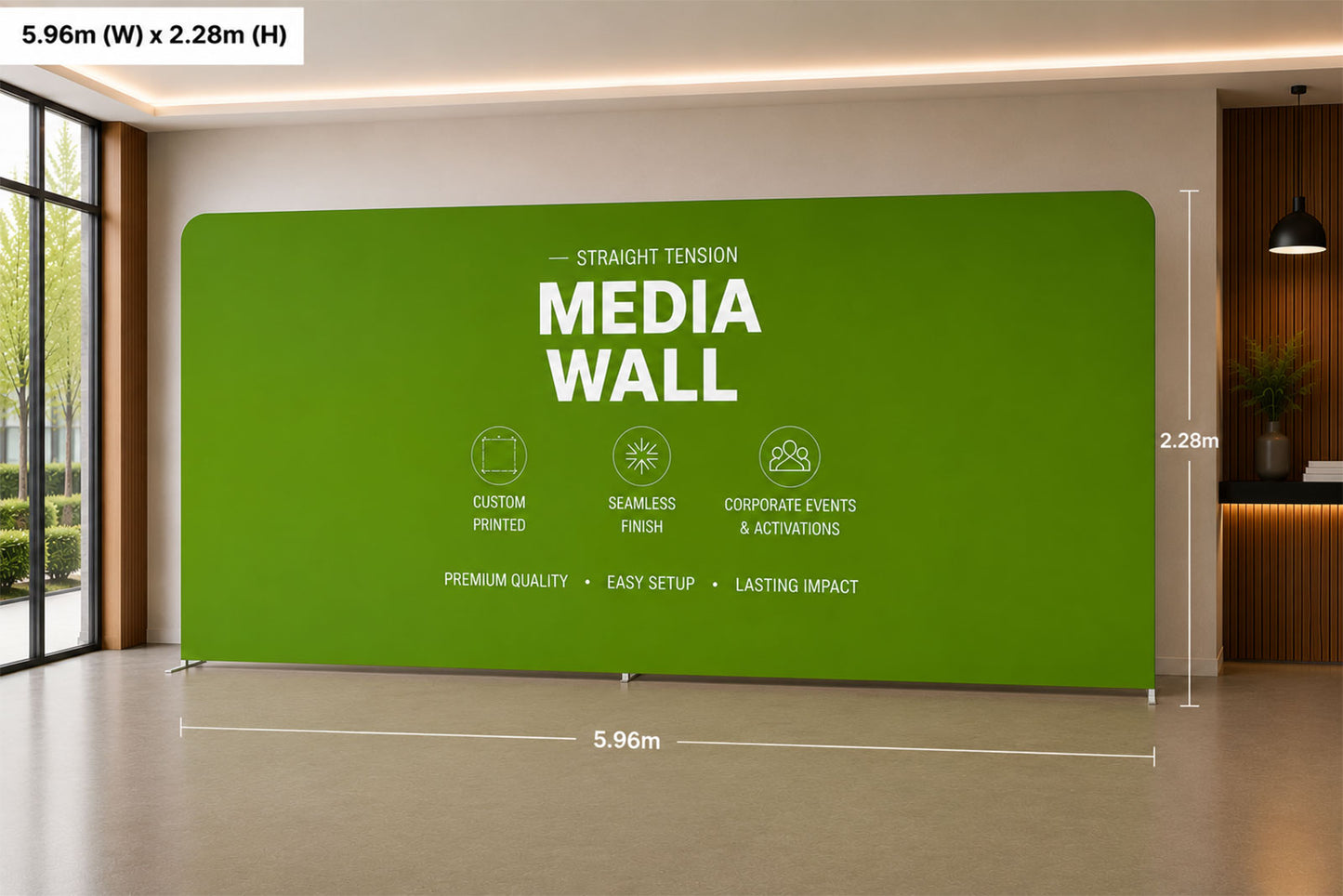 Freestanding straight fabric media wall backdrop for business events, trade shows, and promotional displays