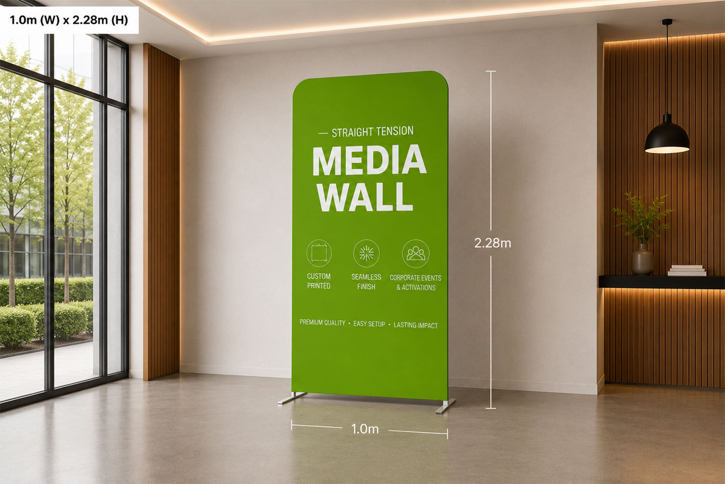 Straight tension fabric media wall with seamless stretch fabric graphic, ideal for corporate events, conferences, trade shows, media backdrops, and branded displays in Auckland, New Zealand.