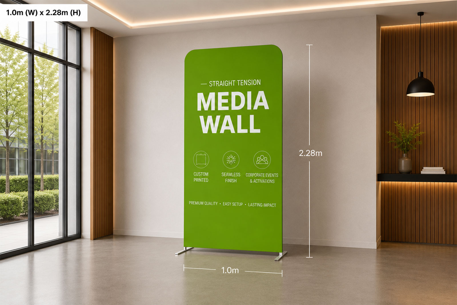 Straight tension fabric media wall with seamless stretch fabric graphic, ideal for corporate events, conferences, trade shows, media backdrops, and branded displays in Auckland, New Zealand.