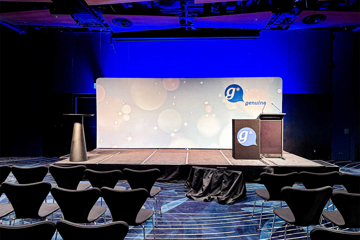 5.9m straight tension media wall for corporate events, conferences and branded event backdrops.