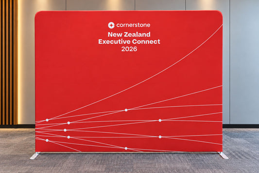 Straight tension fabric media wall backdrop for corporate events, conferences and promotional events in Auckland