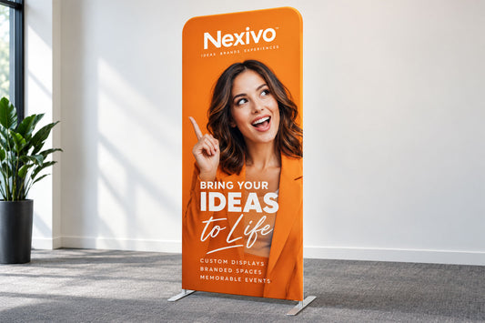 Straight tension media wall with custom printed event backdrop