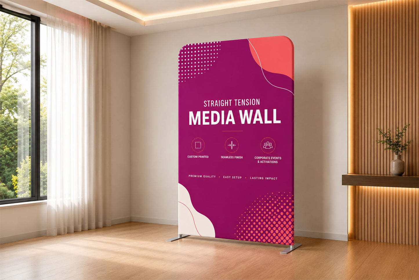 Premium tension fabric media wall backdrop with seamless custom printed graphics for events across New Zealand.