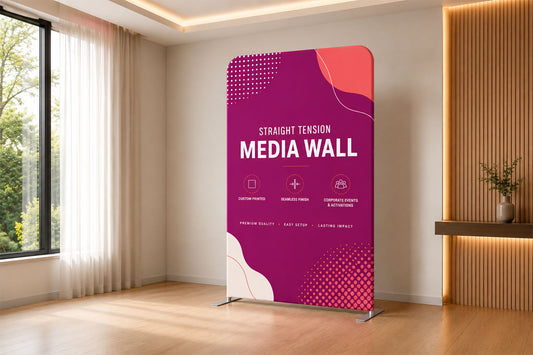 Premium tension fabric media wall backdrop with seamless custom printed graphics for events across New Zealand.