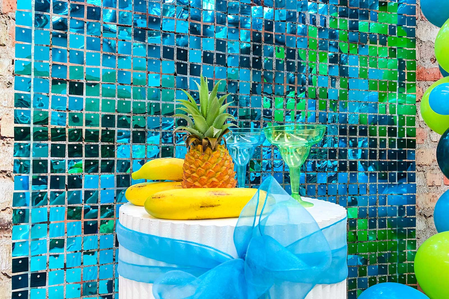 Turquoise shimmer wall backdrop for birthdays, parties, and colourful celebrations