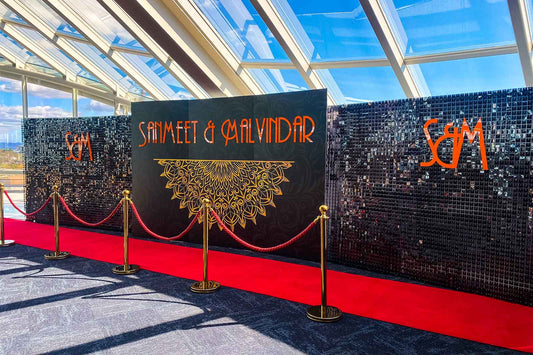 Black shimmer wall photo backdrop perfect for wedding ceremonies and receptions in Auckland