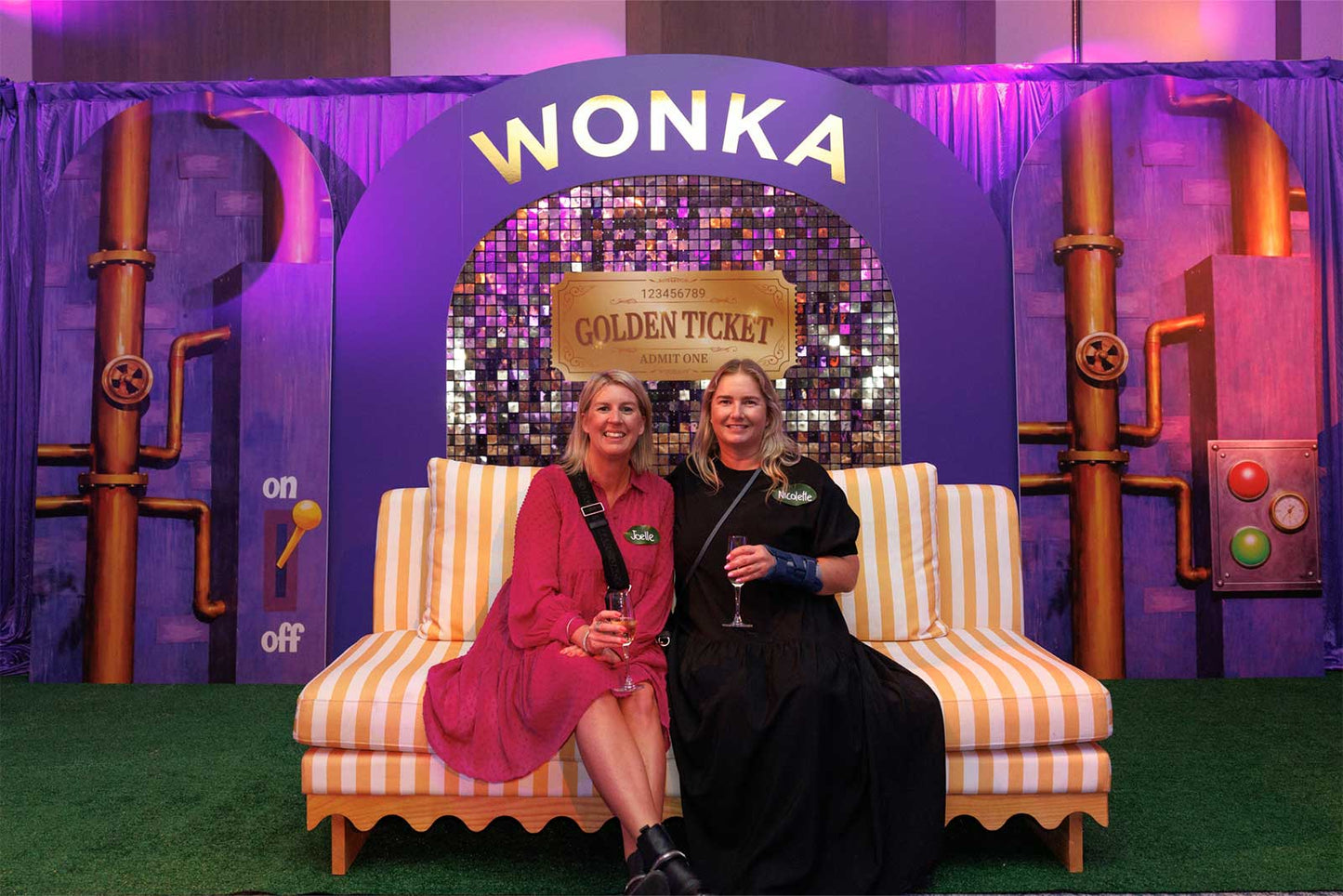 Willy Wonka themed entrance backdrop hire with colourful candy design for events in Auckland