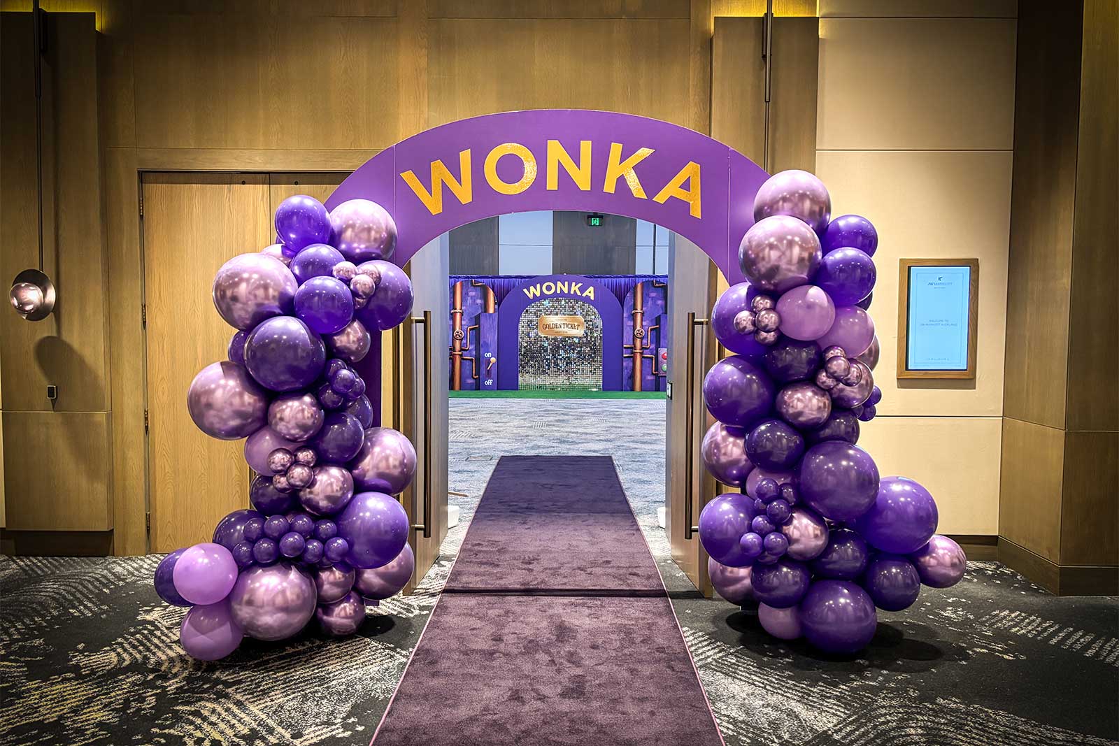 Willy Wonka themed event entrance backdrop and entryway display for hire in Auckland