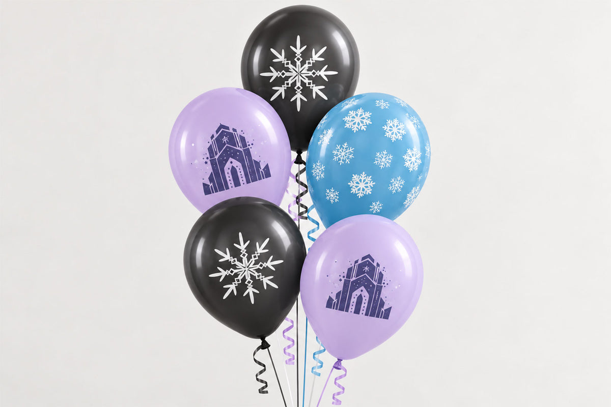 Winter Wonderland themed helium balloon bunch in icy winter colours for a seasonal celebration