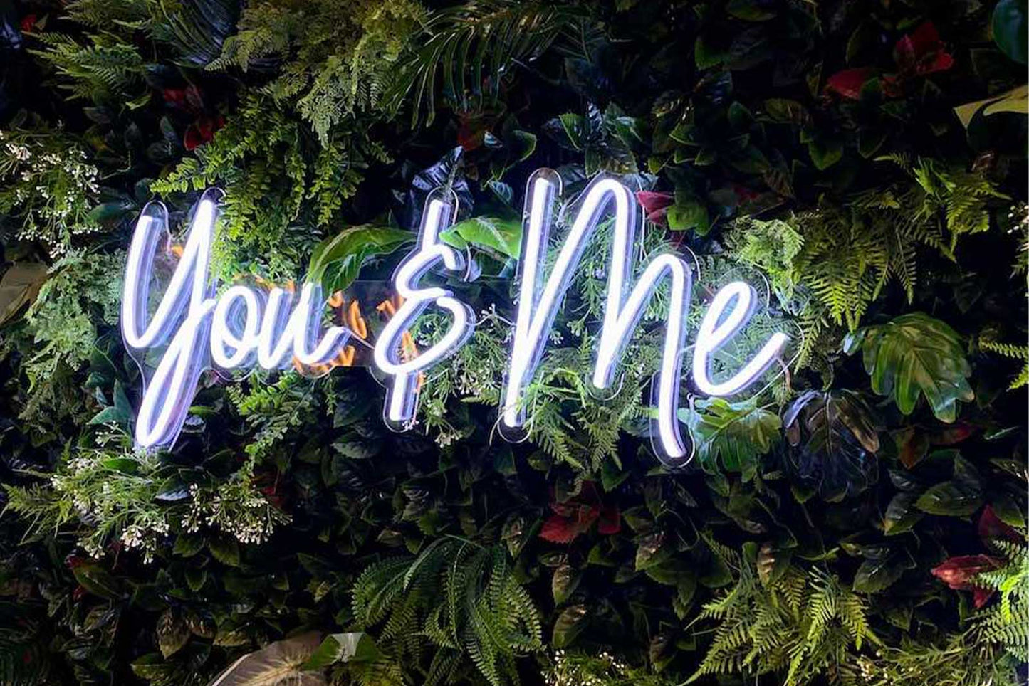 You and Me neon sign hire for weddings, engagements, bridal showers and romantic event backdrops in Auckland by Mad Dog Backdrops.