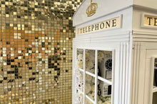 Load image into Gallery viewer, Corporate event in Auckland with white phone booth and white gold shimmer wall backdrop
